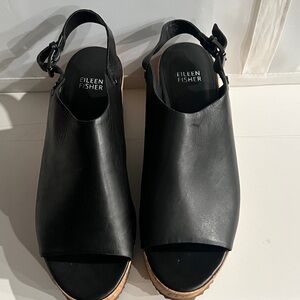 Eileen Fisher Black Leather Wedge  Mules 9.5